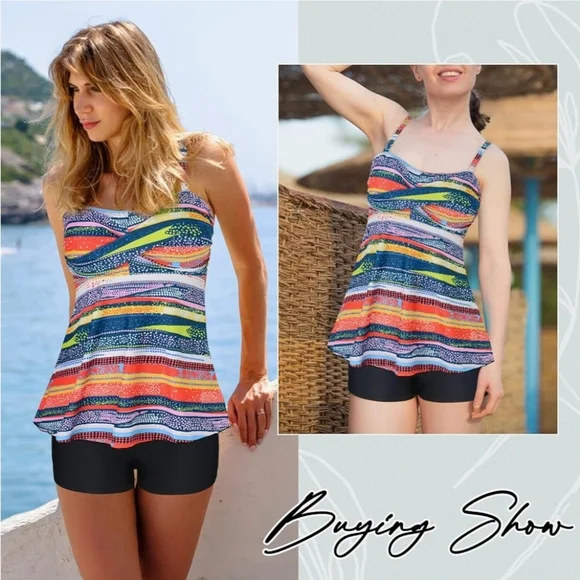 ‼️SOLD‼️ in BundleColorful Striped Tankini Swimsuit with Boyshort Tag 3XL Fit L - Picture 4 of 7